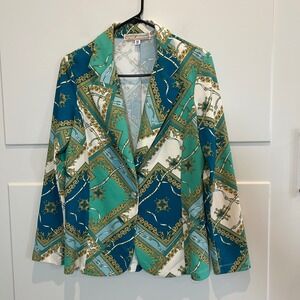 Ivory Love Young Contemporary Blazer‎ Blue Green Gold Chain Print Size M Retro